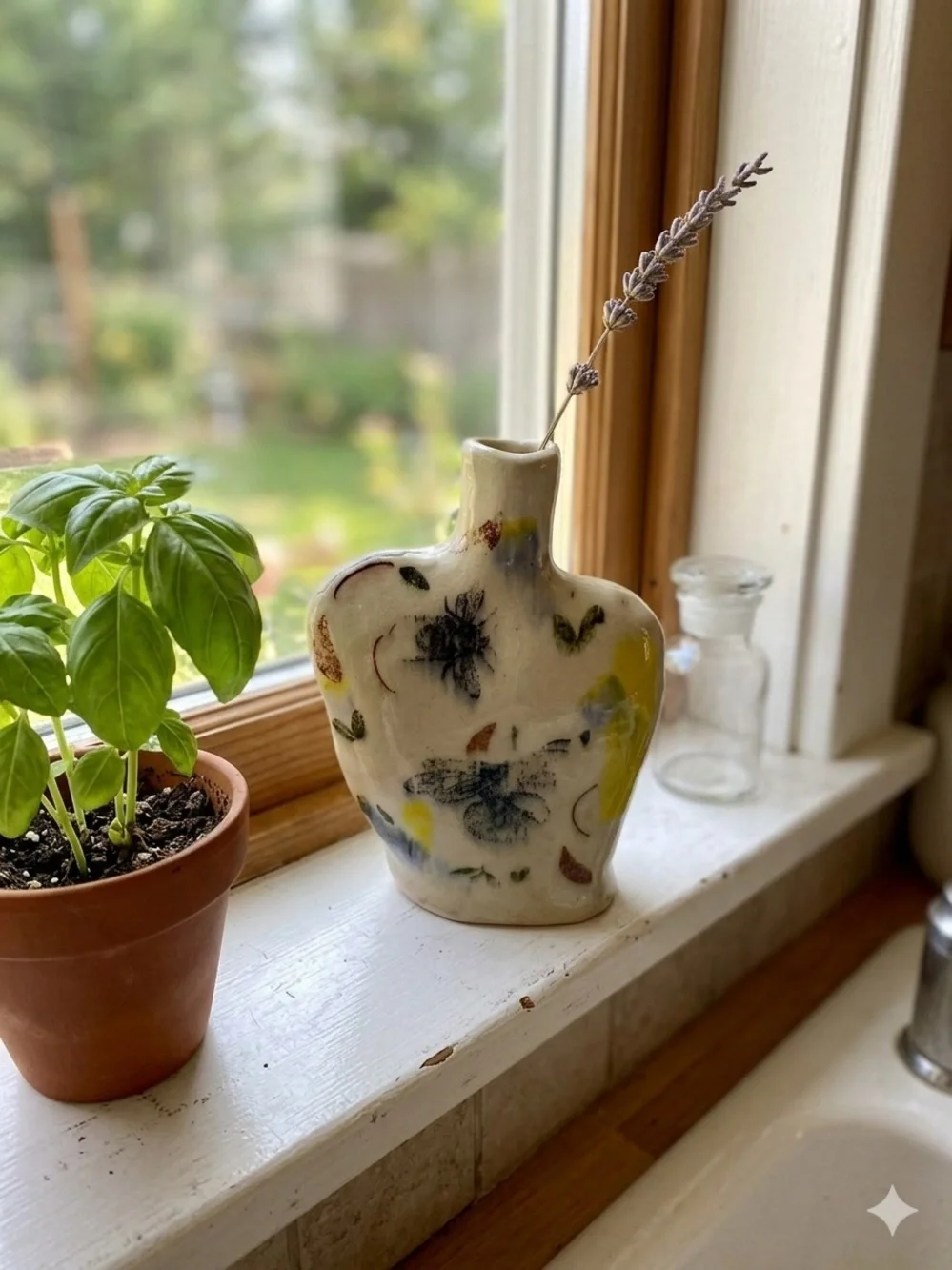 Signed Vintage Studio Pottery Bumblebee Flat Vase Weed Pot in Creams and Blues